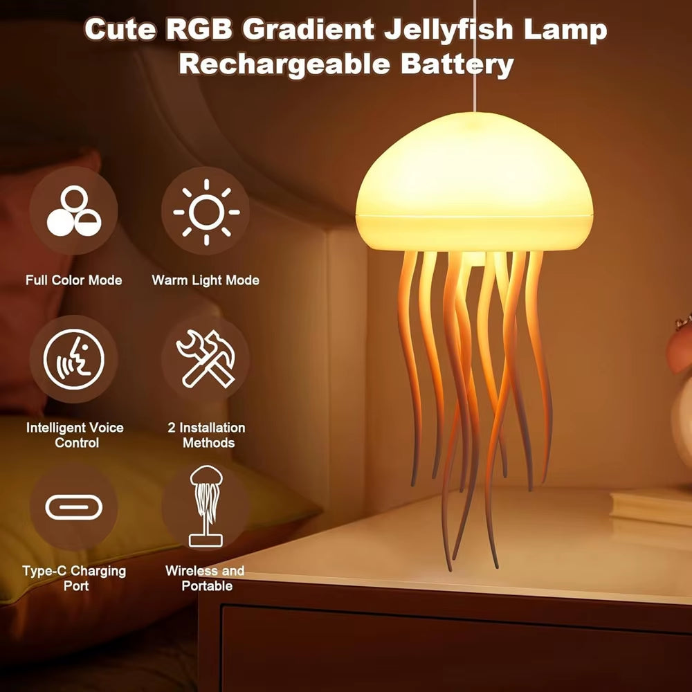 RGB Gradient Rechargeable Smart LED Jellyfish Night Light,Usb,Sound & Touch Control,Table Lamp for Bedroom & Living Room Decor